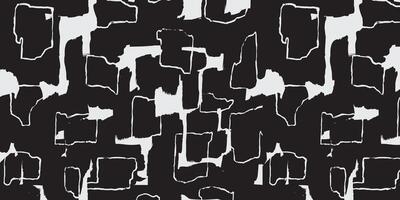 Bold hand drawn abstract pattern featuring irregular rectangular and block shapes in black and white contrast, tribal and ethnic handcrafted textured background, simple graphic for textile vector