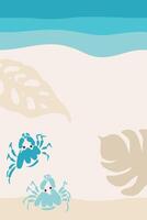 Summer sea beach poster template with crabs and leaves shadow. Perfect background for poster, banner, cover, postcard, story. Colorful illustration. vector