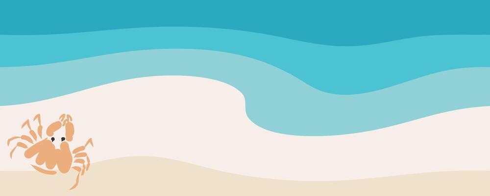 Ocean beach horizontal banner with crab. Design background template with aquatic animal and copy space. hand drawn illustration.