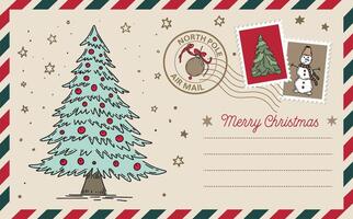 Christmas mail, Postcard with tree, hand drawn illustration vector