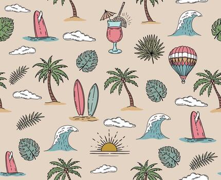 Hello Summer, pattern with surfboard, palm tree and wave vector