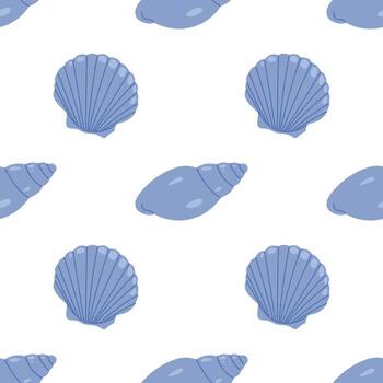 Pattern with blue seashells on white background. For summer textiles and beach design vector
