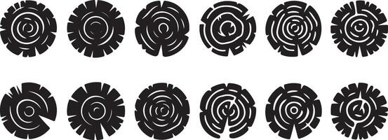 Set of black silhouette tree rings and wood grain cross section icons vector
