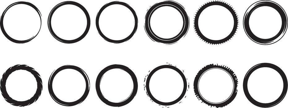 Set of hand drawn grunge circle frames, distressed round borders, and abstract ring shapes vector