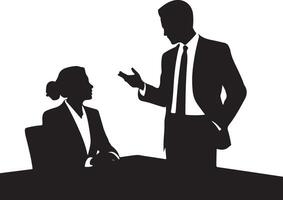 Businesspeople in discussion at a meeting black and white silhouette illustration white background vector