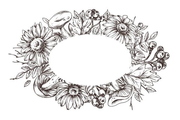 Oval autumn wreath composed of mushrooms, flowers, leaves, and berries. Hand drawn illustration in detailed line art style, perfect for rustic and vintage-inspired seasonal designs.