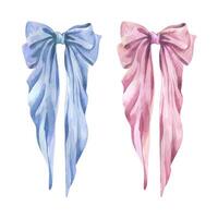 Watercolor illustration of two satin, silk, textile bows coquette with long tails, hand painted in flowing pink and blue tones, conveying graceful movement and romantic elegance for graphic use. vector