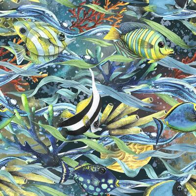 Coral reefs with algae, waves of water, fish, sea sponges, bubbles. Watercolor illustration. Seamless pattern on a dark background from the collection of TROPICAL FISH. For fabric wallpaper textiles.