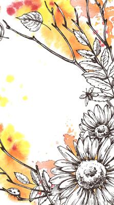 Vertical rectangular autumn frame with sunflowers, leaves, twigs and bright watercolor splashes. Hand-drawn illustration combining ink line drawing and expressive accents.
