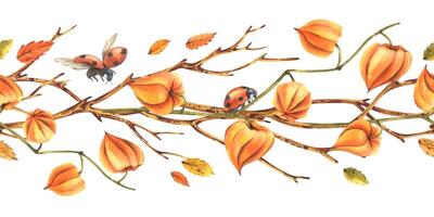 Autumn branch with ladybugs and orange leaves vector