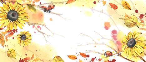Sunflower watercolor design with ladybugs vector