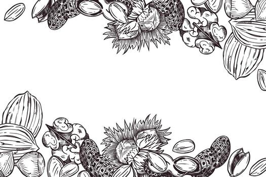 rectangular marco de nueces, nuez, maní, avellana, pistacho, avellana. todas objetos son dibujado a mano en . el ilustración es adecuado para impresión en comida embalaje, monitor caso diseño vector