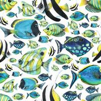 Bright tropical fish on a white background. Watercolor illustration. Seamless pattern. For decoration and design of fabrics, textiles, wallpaper, clothing, banners, covers, packaging paper. vector