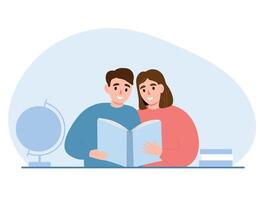 Students sitting at the table with a book in class. flat graphics. vector