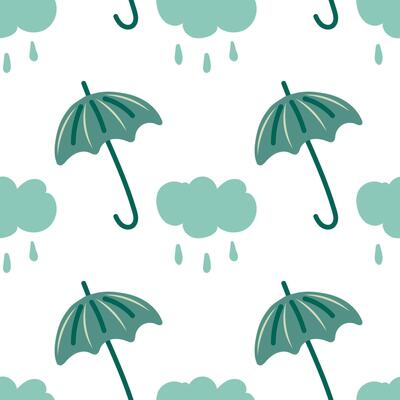 Cloud with drops of rain and umbrella. Rainy seamless pattern.