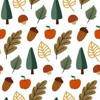 Cozy autumn seamless pattern with acorn, tree, leaves and apple. vector