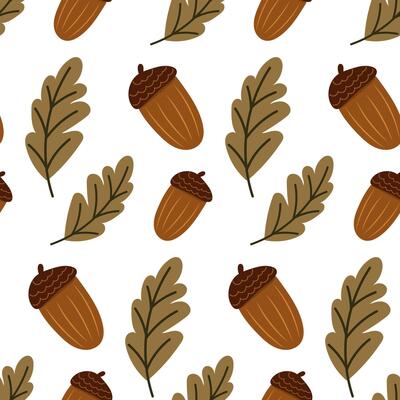 Acorn with leaf seamless pattern. Cute autumn illustration. Simple botanical pattern.