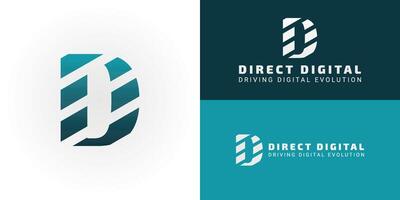 This modern D logo features diagonal stripes that elegantly form a subtle DD, making it an ideal choice for companies specializing in Technology and Digital Services. vector