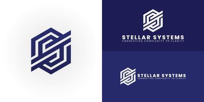 Modern tech logo featuring a geometric SS monogram. The interconnected lines and hexagonal shapes symbolize data flow and innovative solutions, making it ideal for a contemporary tech consultancy. vector