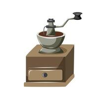 Vintage manual coffee grinder. Isolated illustration of an old-fashioned hand coffee mill with wooden base and metal crank. Can be used for cafe menus design, labels. vector