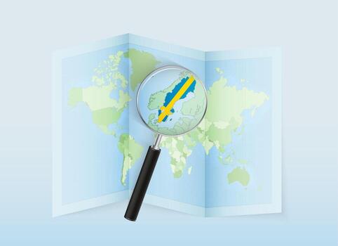 A folded world map with a magnifying lens pointing towards Sweden. Map and flag of Italy in loupe. vector