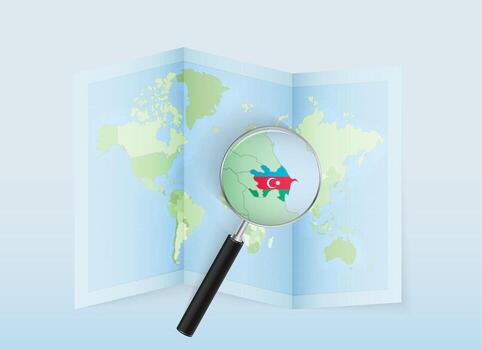 A folded world map with a magnifying lens pointing towards Azerbaijan. Map and flag of Italy in loupe. vector
