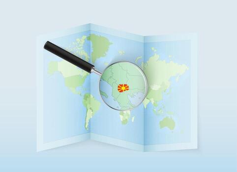 A folded world map with a magnifying lens pointing towards North Macedonia. Map and flag of Italy in loupe. vector