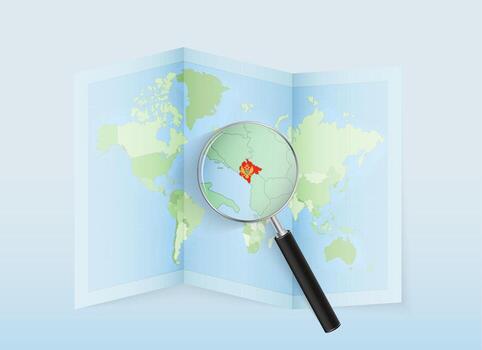 A folded world map with a magnifying lens pointing towards Montenegro. Map and flag of Italy in loupe. vector
