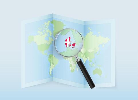 A folded world map with a magnifying lens pointing towards Denmark. Map and flag of Italy in loupe. vector
