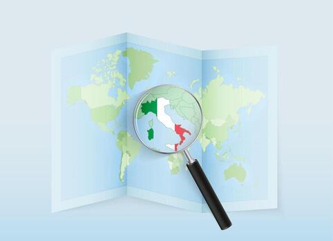 un doblada mundo mapa con un aumentador lente señalando hacia Italia. mapa y bandera de Italia en lupa vector