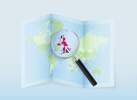 A folded world map with a magnifying lens pointing towards United Kingdom. Map and flag of Italy in loupe. vector