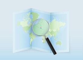 A folded world map with a magnifying lens pointing towards Luxembourg. Map and flag of Italy in loupe. vector