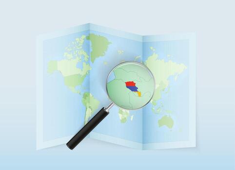 A folded world map with a magnifying lens pointing towards Armenia. Map and flag of Italy in loupe. vector