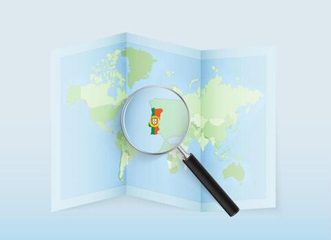 A folded world map with a magnifying lens pointing towards Portugal. Map and flag of Italy in loupe. vector