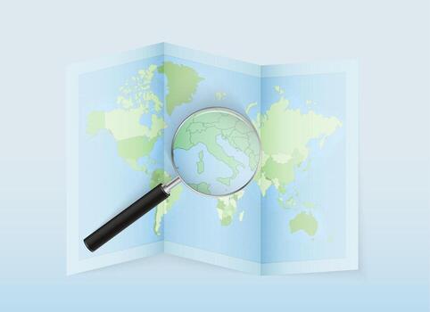 A folded world map with a magnifying lens pointing towards Vatican City. Map and flag of Italy in loupe. vector