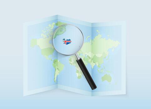 A folded world map with a magnifying lens pointing towards Iceland. Map and flag of Italy in loupe. vector