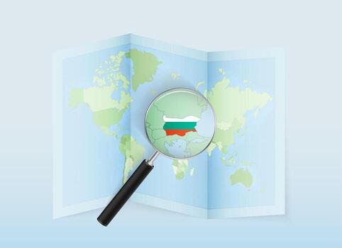 un doblada mundo mapa con un aumentador lente señalando hacia Bulgaria. mapa y bandera de Italia en lupa vector
