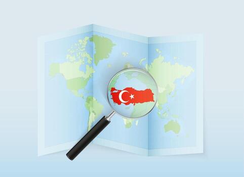 A folded world map with a magnifying lens pointing towards Turkey. Map and flag of Italy in loupe. vector