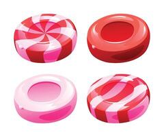 Four different hard candies, including striped and solid designs in red and pink hues. cartoon illustration vector