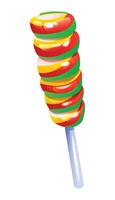 Stacked colorful round candies on a stick, featuring red, green, and yellow layers. cartoon illustration vector