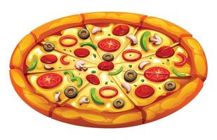 Whole supreme pizza, sliced and covered with various toppings like vegetables and pepperoni. Cartoon illustration vector