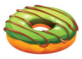 Matcha flavored donut with green glaze and rich chocolate drizzle on a white background. Cartoon illustration vector