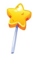 Bright yellow star-shaped lollipop on a stick, a cheerful and sweet treat for kids. cartoon illustration vector