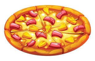 Whole Hawaiian pizza, sliced and loaded with ham and pineapple on a white background. Cartoon illustration vector