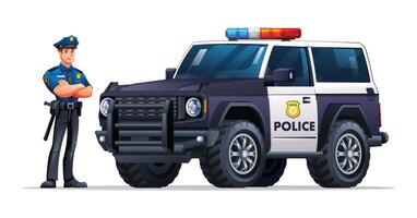 Police officer in uniform standing with arms crossed next to a police SUV. Cartoon illustration vector