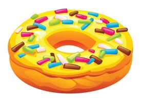 Yellow glazed donut topped with colorful sprinkles on a white background. Cartoon illustration vector