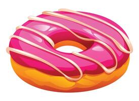 Strawberry flavored donut with pink glaze and smooth vanilla drizzle on a white background. Cartoon illustration vector
