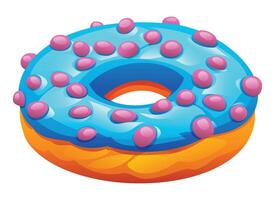 Blueberry flavored donut with blue glaze and pink candy toppings on a white background. Cartoon illustration vector