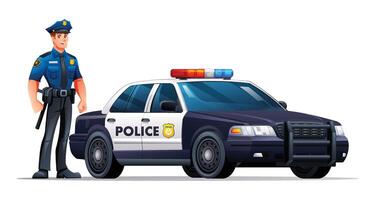 Police officer in uniform standing next to a patrol car. Cartoon illustration vector