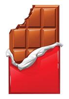 Partially unwrapped chocolate bar with a bite taken out, showing the rich texture. A tempting and irresistible sweet. Cartoon illustration vector